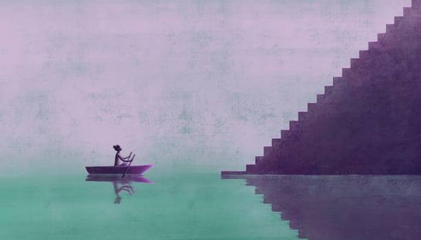Success ambition hope and dream concept. Surreal artwork. woman on boat with staircase, business background illustration. painting artwork. art Success ambition hope and dream concept. Surreal artwork. woman on boat with staircase, business background illustration. painting artwork. art abstract oil painting for beginners stock illustrations