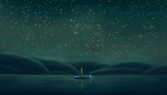 Man on boat alone with surreal night sea, painting artwork, fantasy art, imagination illustration, loneliness concept art, solitude seascape