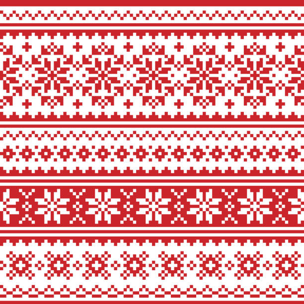 Christmas Scandinavian vector seamless pattern - red and white festive knnitting, cross-stitch design with snowflakes Nordic Xmas textile or wallpaper background - ugly Christmas sweater style ornament with geometric shapes christmas sweater stock illustrations