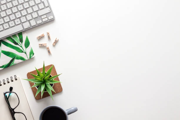 White office desk with copy space. Open notebook, keyboard, coffee and succulent.