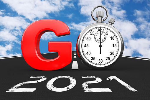 New 2021 Year Concept. Stopwatch as Go Sign over 2021 New Year Road on a blue sky background. 3d Rendering