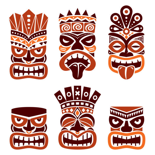 Hawaiian and Polynesia Tiki head totem vector design set- tribal folk art in brown on white background Native tiki statue illustration from Hawaii and Polynesia, gods faces with crowns traditionally carved in wood tiki mask stock illustrations