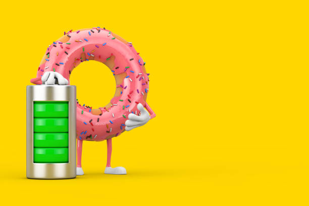 istock Big Strawberry Pink Glazed Donut Character Mascot with Abstract Charging Battery. 3d Rendering 1277760545