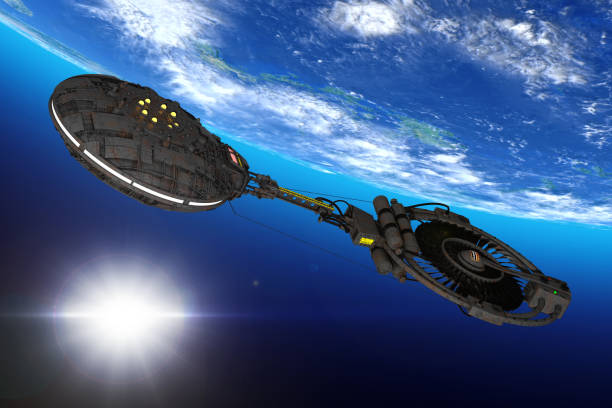 istock Spaceship, Space Station or Alien UFO Spacecraft in Flight Orbiting Earth. Elements of this image furnished by NASA. 3d Rendering 1277760547