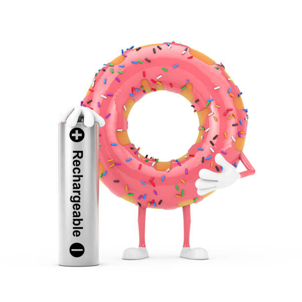 istock Big Strawberry Pink Glazed Donut Character Mascot with Rechargeable Battery. 3d Rendering 1277760549