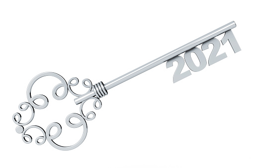 Silver Vintage Key with 2021 year Sign on a white background. 3d Rendering