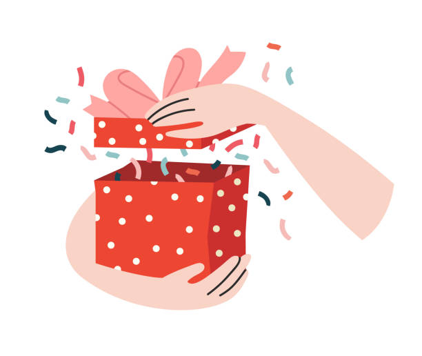 Vector illustration of a hand with red present and colorful confetti. Vector illustration of a hand with red present and colorful confetti. Gift opening. Giving and exchanging gifts. Hand-drawn, doodle style. package illustrations stock illustrations