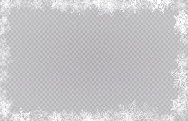ilustraciones, imágenes clip art, dibujos animados e iconos de stock de borde rectangular del marco de nieve de invierno con estrellas, destellos y copos de nieve sobre fondo transparente. bandera de navidad festiva, tarjeta de felicitación de año nuevo, postal o invitación ilustración vectorial - snow flakes