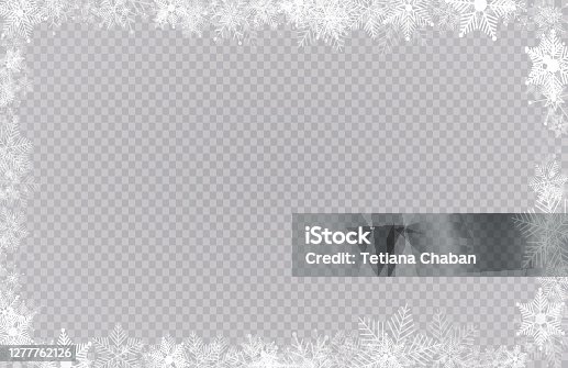 istock Rectangular winter snow frame border with stars, sparkles and snowflakes on transparent background. Festive christmas banner, new year greeting card, postcard or invitation vector illustration 1277762126