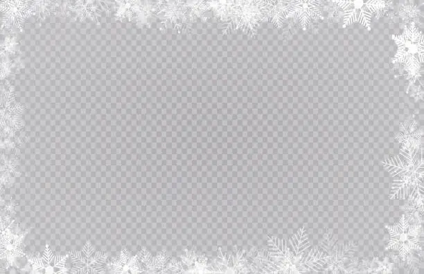 Vector illustration of Rectangular winter snow frame border with stars, sparkles and snowflakes on transparent background. Festive christmas banner, new year greeting card, postcard or invitation vector illustration