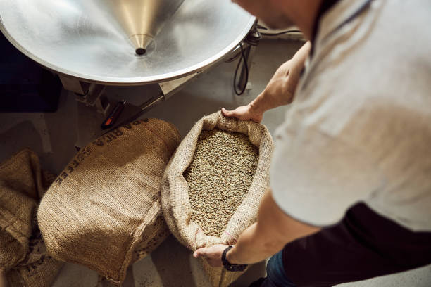 istock Male worker holding burlap sack with green coffee beans 1277763305