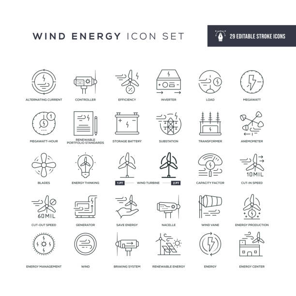 illustrations, cliparts, dessins animés et icônes de icônes de ligne de course modifiables d’énergie éolienne - générateurs dénergie