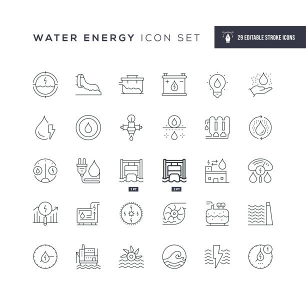 ilustraciones, imágenes clip art, dibujos animados e iconos de stock de iconos de línea de trazo editables de energía del agua - valve