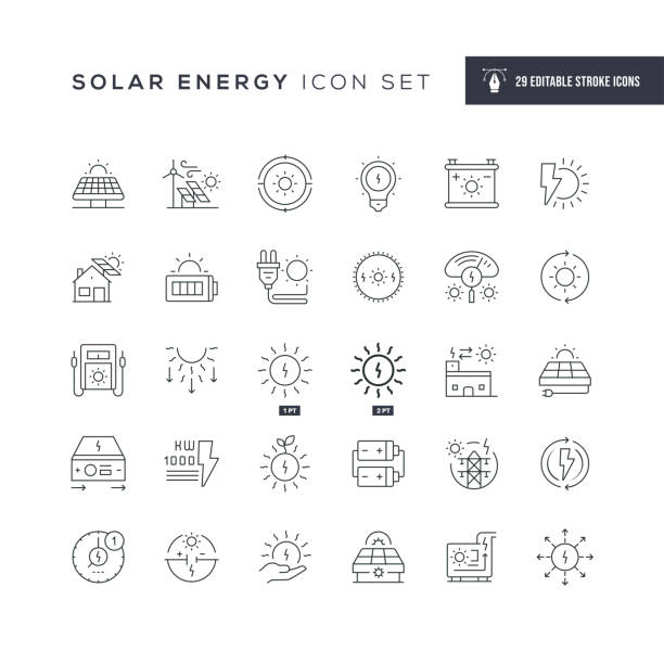 태양 에너지 편집 가능한 스트로크 라인 아이콘 - solar panel solar energy sun solar power station stock illustrations