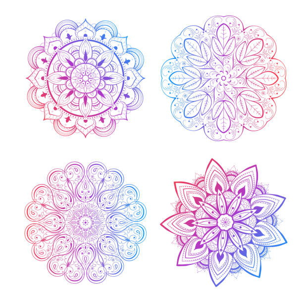 A set of beautiful mandalas and lace circles. Round gradient mandala vector. Traditional oriental ornament with a concentric gradient. Element for applying to objects for yoga, meditation, spiritual practices. vector art illustration