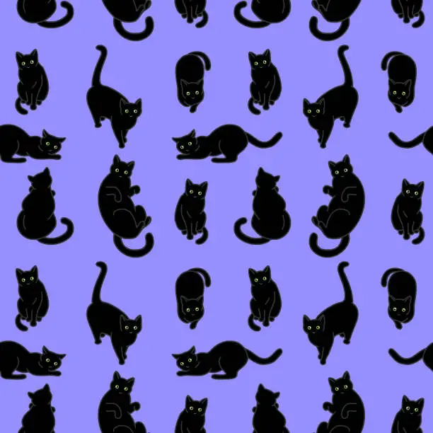 Vector illustration of Seamless pattern with cute black cats. Texture for wallpapers, stationery, fabric, wrap, web page backgrounds, vector illustration