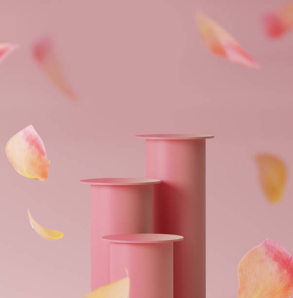 istock 3D pastel pink pedestal podium set. Gradient display on natural beige background with petals falling, levitating. Showcase scene for beauty product, cosmetic presentation. Abstract minimal, 3D render 1277767680