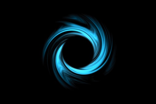 Abstract black holes in space with blue spiral cloud on black background