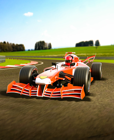 Red open wheeled single-seater  forceful formula race car in a curve,  3d render