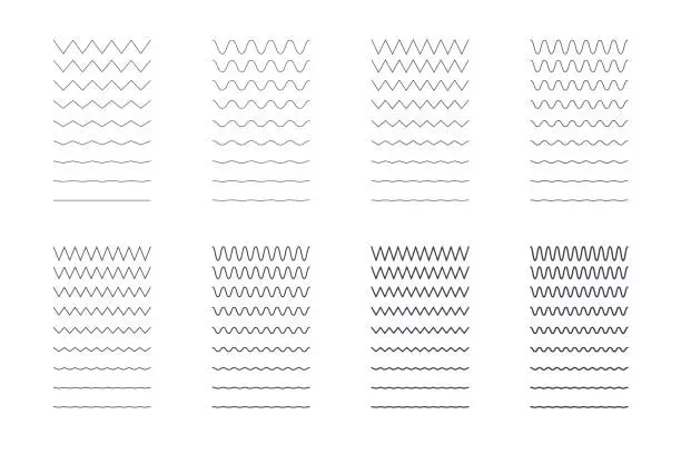 Vector illustration of Zigzag wavy lines set. Editable stroke. Sharp and rounded seamless patterns of different thicknesses. Vector stock illustration on white background