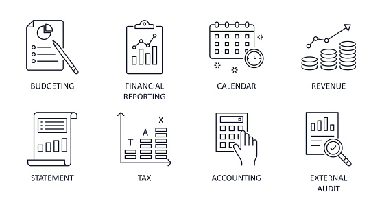 Fiscal year vector icons. Business finance company signs. Editable stroke. Financial reporting budgeting statement revenue. Calendar accounting external audit tax.