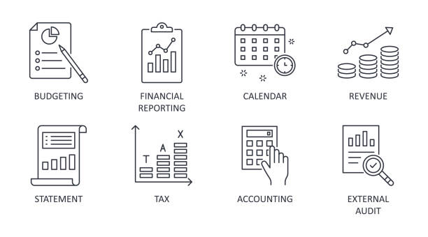 Fiscal year vector icons. Business finance company signs. Editable stroke. Financial reporting budgeting statement revenue. Calendar accounting external audit tax Fiscal year vector icons. Business finance company signs. Editable stroke. Financial reporting budgeting statement revenue. Calendar accounting external audit tax. finance icons stock illustrations
