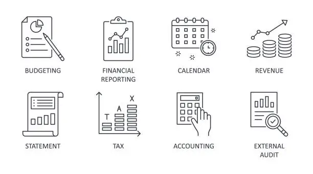 Vector illustration of Fiscal year vector icons. Business finance company signs. Editable stroke. Financial reporting budgeting statement revenue. Calendar accounting external audit tax