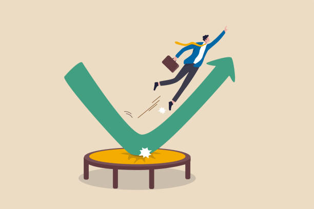 Stock market rebound, overcome business down fall and grow up profit or leadership and achievement concept, businessman jump bouncing high on trampoline with green rising up performance arrow graph. Stock market rebound, overcome business down fall and grow up profit or leadership and achievement concept, businessman jump bouncing high on trampoline with green rising up performance arrow graph. bouncing stock illustrations