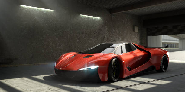 coche deportivo rojo genérico aparcado en garaje vacío - luxury car fotografías e imágenes de stock