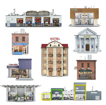 Set of nine public buildings in different styles, 3d illustration