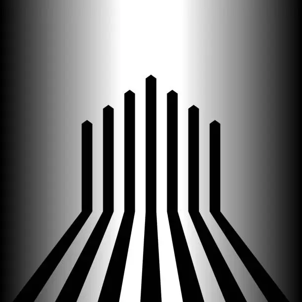 Vector illustration of Bar chart with peak in the middle, silhouette against bright light