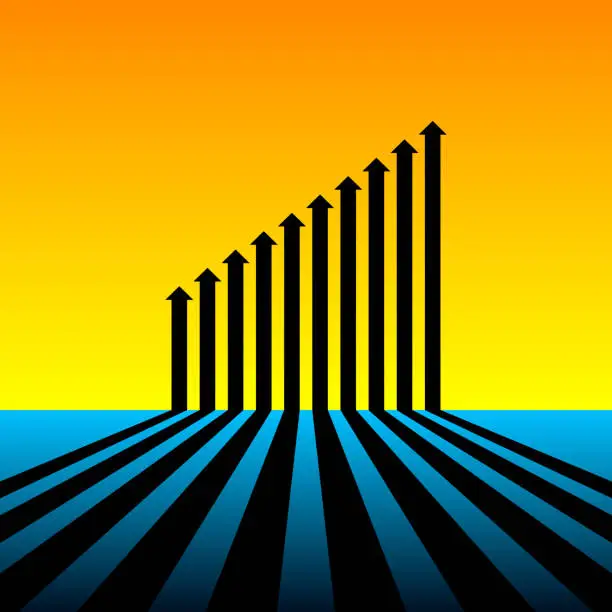 Vector illustration of Bar graph showing progress, silhouette sunset, sea.