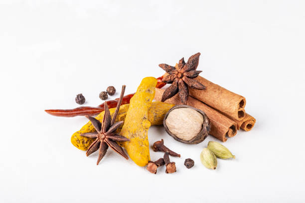 especias indias de calentamiento seco para la comida de otoño e invierno sobre fondo de hormigón blanco. - spice exoticism cinnamon anise fotografías e imágenes de stock