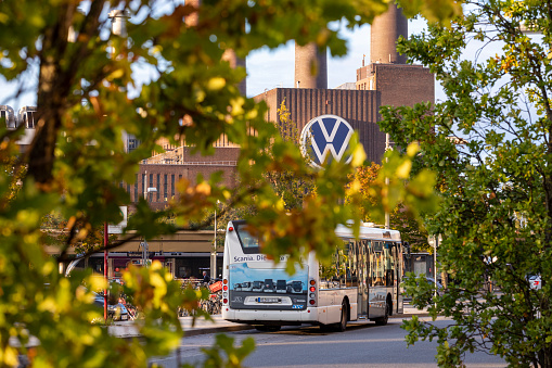 Wolfsburg, Germany - sep 29th 2020: Volkswagen car plant is visible all over city of Wolfsburg. Big VW logo is decorating the facade of company power plant.