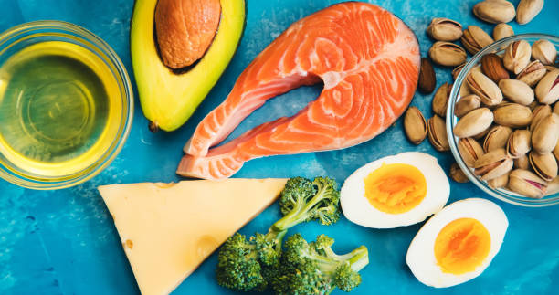 istock Keto diet, food on blue background. Selective focus 1277775776