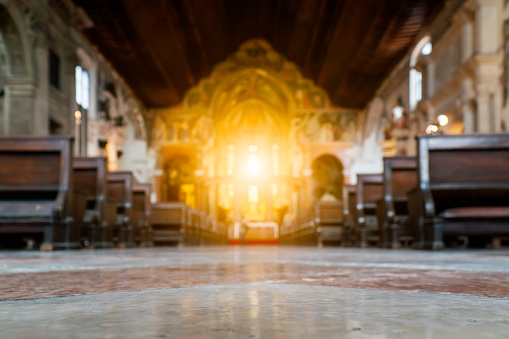 Blurred architecture background of church interior inside