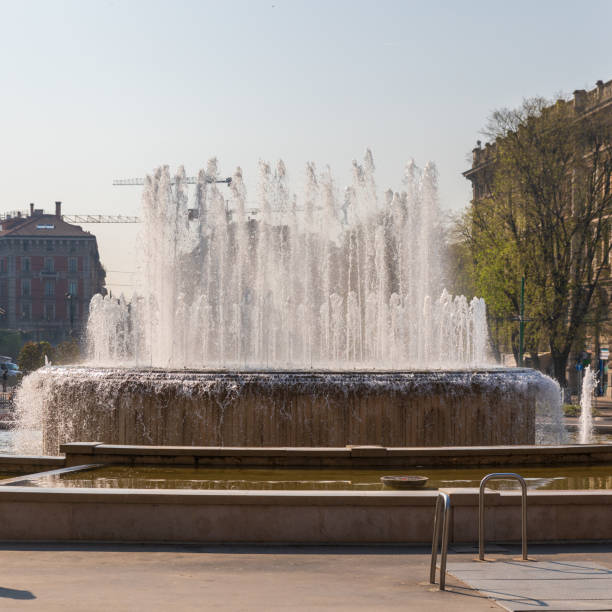 fountain and round tower of castello sforzesco - milan italy italy castello sforzesco color image imagens e fotografias de stock