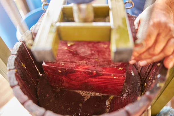 Close-up photo of a top part of a wine press being used for wine-making