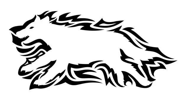 Vector illustration of Tribal tattoo pattern around white wolf silhouette