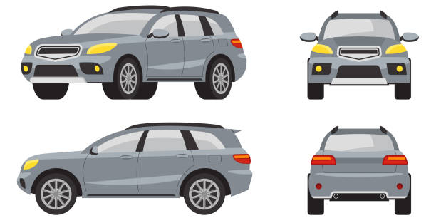 SUV in different views. SUV in different views. Grey automobile in cartoon style. sports utility vehicle illustrations stock illustrations