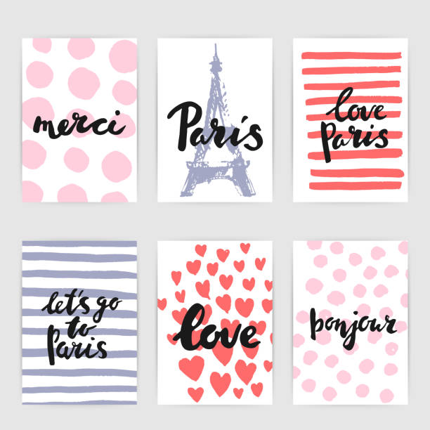 Greeting card set with abstract textures and calligraphy Greeting card set with abstract textures and calligraphy. Bonjour, love, Paris, merci, eiffel tower, stripes, circles, dots, heart shapes in grey, pink and red. For wall art, motivational poster, fashion design. paris fashion stock illustrations