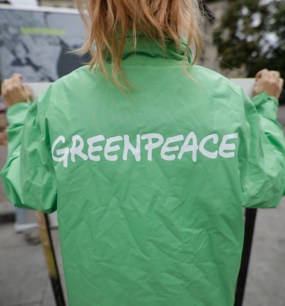 activista de greenpeace sosteniendo una bandera en una protesta. - buque conocido fotografías e imágenes de stock