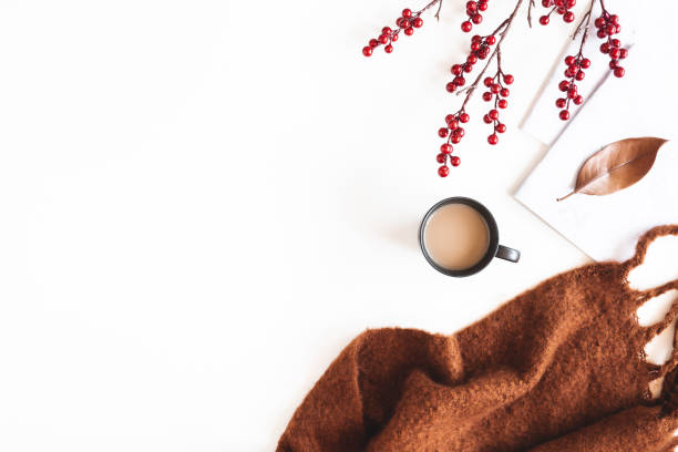 istock Autumn composition. Cup of coffee, plaid on white background. Autumn, fall concept. Flat lay, top view 1277785569