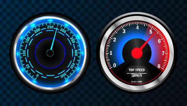 Vector illustration of Speedometer indicators. Power meters. Speedometers vector car speed dashboard panel and speed-up power measurement