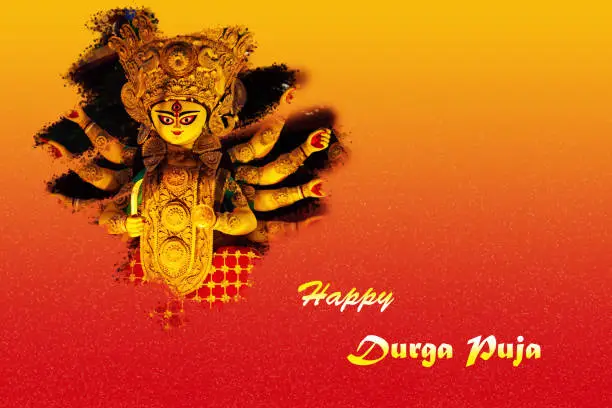 Happy Durga Puja cover with copy space. Hindu Goddess Duga idol face, creative image with text in yellow and red colored background. Festive greetings, wishing card, poster.