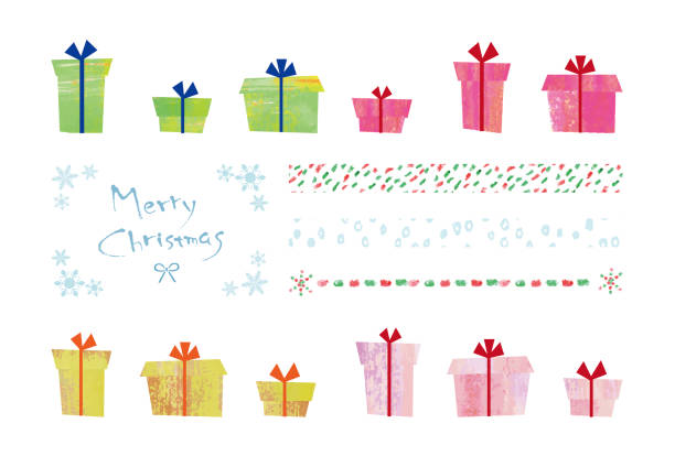 ilustrações de stock, clip art, desenhos animados e ícones de christmas present and christmas decoration set - gift box packaging drawing illustration and painting