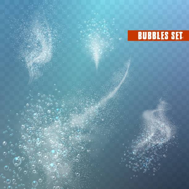 Blue underwater fizzing air bubbles flow on transparent background. Fizzy sparkles in water, sea, aquarium, ocean. Soda pop. Undersea vector texture. carbonated stock illustrations