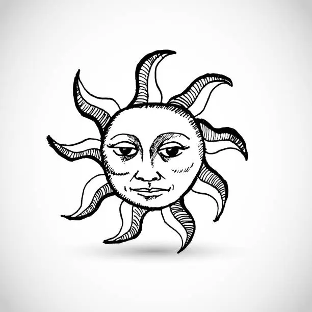 Vector illustration of Retro hand drawn vector sun with a face