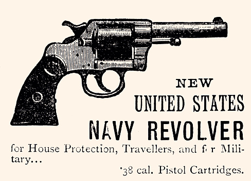 Navy revolver for protection. Vintage etching circa late 19th century