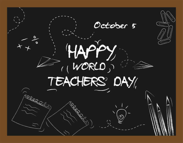 Happy World Teachers Day, 4 October, poster with doodle art on chalkboard, banner vector illustration Happy World Teachers Day, 4 October, poster with doodle art on chalkboard background, banner vector illustration happy teacher day stock illustrations